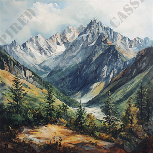 Majestic Mountain Range - This breathtaking landscape painting captures a majestic mountain range with jagged peaks covered in snow. In the foreground, lush green trees and shrubs are depicted, adding vibrant color contrasts against the rocky terrain. The scene features a narrow valley that extends into the distance between the towering mountains, leading the viewer's eye deeper into the composition. The sky above is filled with soft, rolling clouds, creating a serene atmosphere. Keywords highlighting the essential elements of this artwork include: mountain range, jagged peaks, snow-capped, landscape painting, lush greenery, rocky terrain, narrow valley, towering mountains, serene sky, and rolling clouds.