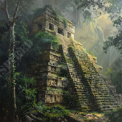 Mayan Pyramid Majesty - The image depicts an ancient Mayan pyramid, partially shrouded in lush, dense rainforest vegetation. The pyramid is characterized by its steep, stone steps leading up to a small temple structure at the top, adorned with intricate carvings and weathered stonework. Sunlight filters through the canopy, casting a mystical glow on the moss-covered ruins, emphasizing the grandeur of this historical edifice. The surrounding foliage is vibrant and thick, with various plants and vines encroaching upon the ancient structure, suggesting a long period of abandonment. Keywords: Mayan pyramid, ancient ruins, rainforest, stone steps, temple, carvings, vegetation, sunlight, historical, mystical.