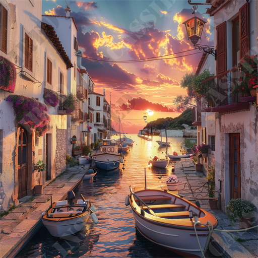 Mediterranean Hideaway - This enchanting image captures a serene Mediterranean seaside village at sunset, offering a breathtaking blend of natural beauty and rustic charm. The scene unfolds along a narrow canal lined with traditional white houses adorned with colorful bougainvillea and shuttered windows. Moored along the cobblestoned waterside are several small boats, suggesting a quiet life connected closely with the sea. The vibrant sunset sky, painted with vivid hues of orange, pink, and purple, serves as a striking backdrop, reflecting on the gentle waters of the canal and casting a warm glow over the entire setting.

Key elements such as the sunset, Mediterranean architecture, boats, calm sea, and flora enhance the tranquility of the scene. This picturesque setting is a quintessential example of coastal living, where each element—from the flowering balconies to the anchored boats—adds to the overall allure and peacefulness of the village.

Ideal for those interested in travel, photography, nature, and architectural aesthetics, this image telegraphs tranquility, beauty, and a dream-like quality that is both evocative and inviting. It is perfect for use in travel blogs, lifestyle articles, or as a quintessential Mediterranean scene in art and design discussions. Keywords such as Mediterranean, sunset, seaside village, traditional architecture, boats, calm waters, vibrant sky, and coastal living are all relevant to capturing the essence and beauty of this stunning visual narrative.