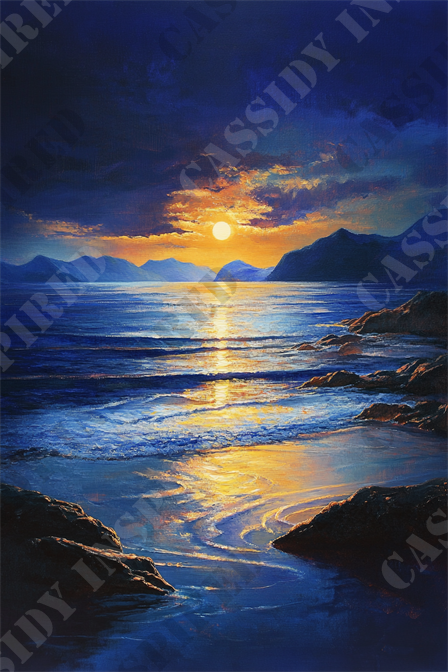 Mesmerizing Night Bay - The image depicts a stunning ocean sunset with the sun setting behind distant mountains, casting a warm, golden glow across the sky and reflecting off the calm sea waters. The vivid blues and purples of the ocean and sky contrast beautifully with the fiery oranges and yellows of the sunset. Silhouettes of rocky formations are visible in the foreground, adding depth to the seascape. Wispy clouds partially cover the sun, enhancing the dramatic effect of the sunset. This breathtaking scene captures the serene beauty of nature with keywords such as ocean, sunset, sea, mountains, reflection, sky, water, golden glow, vivid, contrast, silhouette, rocky formations, clouds, dramatic, seascape, serene, nature, evening, and tranquil.