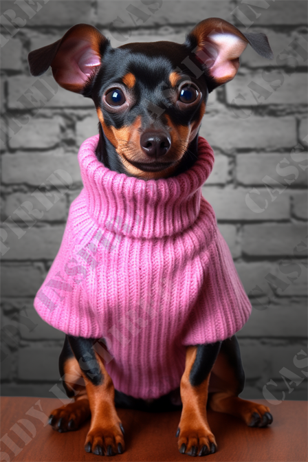 Min Pink - This charming image captures a small, alert black and tan miniature pinscher dog dressed in a cozy, pink knitted sweater. The dog is seated, gazing directly at the viewer with expressive, bright blue eyes that stand out against its sleek, shiny fur. Its ears are perked up, and one ear bends slightly at the tip, adding a hint of playful curiosity to its demeanor. The pink sweater is snug and covers the dog's body completely, contrasting beautifully with its dark, glossy coat and the rustic, grey brick wall backdrop. This high-quality portrait is taken in a soft-focused manner, emphasizing the dog's distinct features and the texture of the knitted fabric of the sweater.

Key SEO terms include: miniature pinscher, black and tan dog, dog in sweater, pet fashion, cozy pet outfit, expressive dog eyes, pink knitted sweater, pet portrait, indoor pet photography, alert dog pose, glossy fur texture, detailed animal portrait, dog lover image, captivating pet gaze, stylish dog apparel, comfortable pet clothing, charming dog photo, decorative brick wall background, high-quality dog photography.