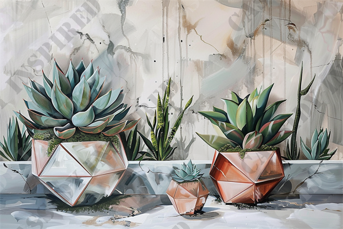 Minimalist Succulent Garden - The image showcases a contemporary art piece featuring a trio of succulents in geometric planters against an abstract, textured background. The succulents, characterized by their thick, fleshy leaves, are placed in modern, faceted pots with metallic finishes, enhancing the overall visual appeal. Each pot varies in size, with the largest on the left, a medium-sized one to the right, and the smallest in the center, creating a balanced composition. The backdrop includes subtle earthy tones and abstract patterns, suggesting a weathered wall with cracks and water stains, giving the artwork an urban, rustic aesthetic. Keywords: contemporary art, succulents, geometric planters, abstract background, textured art, metallic finish, modern decor, faceted pots, rustic aesthetic, urban art.