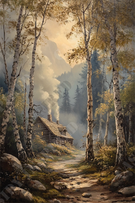 Misty Forest Retreat - The image depicts a serene, woodland scene featuring a rustic log cabin nestled amidst tall birch trees. Smoke billows from the cabin’s chimney, suggesting a cozy fire inside. A winding path, lined with rocks and wildflowers, leads towards the cabin, and the scene is bathed in the soft, warm light of either dawn or dusk. The forest background includes towering trees and faint mountains in the distance, enveloped in a gentle mist. Keywords: woodland, rustic cabin, birch trees, smoke, chimney, winding path, wildflowers, dawn, dusk, serene, nature, forest, mist, log cabin, peaceful, landscape, cozy, mountain, trees.