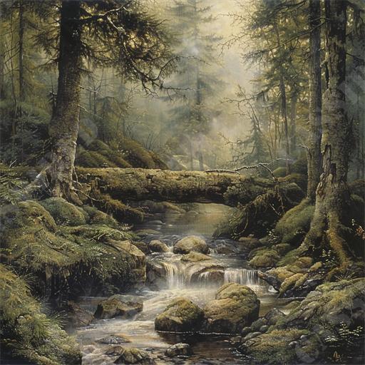 Misty Forest Stream - The image depicts a serene forest scene featuring lush greenery and a tranquil stream flowing through the landscape. A moss-covered fallen tree acts as a natural bridge across the bubbling creek, with stones and small waterfalls enhancing the picturesque view. Sunlight filters through the dense canopy of tall trees, casting a soft glow and mist throughout the forest. The underbrush is rich with ferns, shrubs, and mosses, adding to the vibrant and dense foliage. This peaceful and enchanting woodland scene is perfect for nature enthusiasts, offering a glimpse into the beauty and tranquility of untamed wilderness. Keywords: forest, stream, flowing water, greenery, moss-covered trees, fallen tree, picturesque, nature, tranquil, enchanting, woodland, sunlight, dense foliage, serene, wilderness, lush underbrush, small waterfalls, bubbling creek, sunlight filtering, scenic landscape.