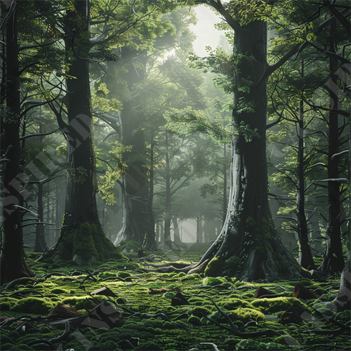 Misty Forest - This image captures an enthralling view of a dense forest with a magical ambiance, likely at dawn due to the soft light filtering through the canopy. The forest floor is blanketed with lush green moss and small plants, suggesting a moist, temperate climate, common in old-growth woodlands. Towering trees with thick trunks and mature, expansive branches dominate the scene, indicating the forest's age and ecological richness. Sunlight streams through mist hanging in the air, creating a surreal, almost ethereal quality. This majestic setting is reminiscent of a fairytale or a scene from a fantasy film.

Keywords to note for search engine optimization would be: forest panorama, lush greenery, old-growth trees, misty woods, sunlight filtering, dense woodland, temperate forest, moss-covered ground, magical forest scene, and ethereal natural landscape. This description and these terms cater to audiences searching for nature photography, background images for tranquility and peace, or visual inspiration from nature's pristine conditions.
