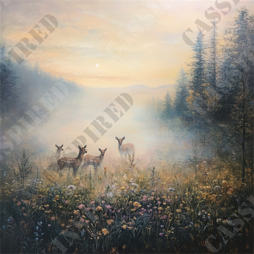 Misty Meadow Deer - This serene painting captures a gentle dawn scene in a misty forest meadow. Central to the image are four delicate deer, emerging subtly from the fog and surrounded by a multitude of wildflowers in full bloom. The background showcases tall pine trees fading into the fog, hinting at the dense forest beyond, while a soft pastel sky with a barely visible sun rises in the distance. Dominant keywords related to this image include dawn, misty forest, meadow, deer, wildflowers, pine trees, sunrise, fog, landscape painting, serene nature, pastel sky, and wilderness. The tranquil ambiance and delicate details evoke a sense of serene beauty and calm in the wild.