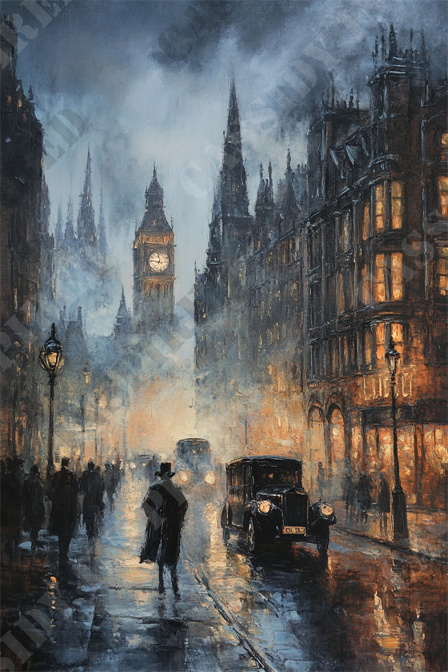 Misty Twilight London - The image portrays a nostalgic, rainy evening scene of a vintage city street, reminiscent of early 20th century London. The central focus is the iconic Big Ben clock tower, shrouded in mist and surrounded by gothic architecture. The wet streets reflect the glowing lights from the windows of tall, ornate buildings. Silhouettes of people, dressed in period attire with hats and coats, walk along the street while vintage cars navigate through the fog. The scene captures an atmospheric, historical ambiance distinct to an old European city. Keywords: vintage city street, Big Ben, rainy evening, gothic architecture, vintage cars, period attire, fog, early 20th century, London, nostalgic scene.