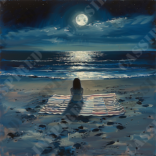 Moonlit Beach Tranquility - A lone person sits on a striped beach blanket under a moonlit sky, gazing at the ocean waves gently breaking on the sandy shore. The reflection of the full moon casts a silvery trail across the water, creating a calm and serene atmosphere. The sky is partially cloudy, with stars dotting the night sky. The scene is tranquil and peaceful, capturing the essence of a quiet night by the sea. This setting might resonate with those looking for beach tranquility, moonlit seascapes, peaceful night scenes, or nighttime beach reflections. Keywords: moonlit beach, tranquil night, ocean waves, sandy shore, beach blanket, starlit sky, serene seascape, night sky, moon reflection, peaceful beach scene, sandy beach, coastal night, full moon, ocean view, quiet beach, nighttime serenity.