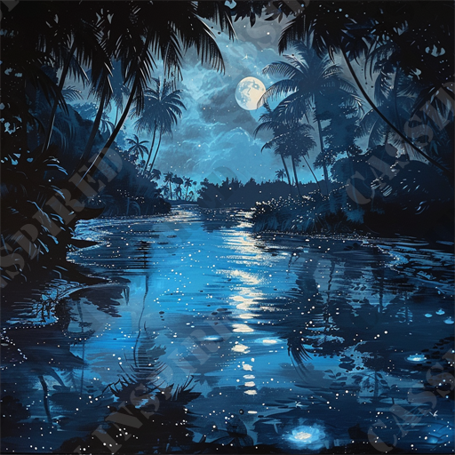 Moonlit Bioluminescent Lagoon - This image depicts a serene, moonlit tropical landscape, where the night sky is illuminated by a full moon. The moonlight reflects on a tranquil river that winds through dense, silhouetted palm trees and lush foliage. The entire scene is bathed in shades of blue, enhancing the calm and mystic ambiance. Bright stars are scattered across the night sky, adding a touch of sparkle to the darkened scene. The combination of the moonlight, tropical setting, and the reflective water creates a dreamy, ethereal atmosphere.

Keywords: moonlit tropical landscape, full moon, tranquil river, dense palm trees, lush foliage, blue shades, calm ambiance, bright stars, night sky, moonlight reflection, serene scene, tropical night, reflective water, mystic ambiance, ethereal atmosphere.