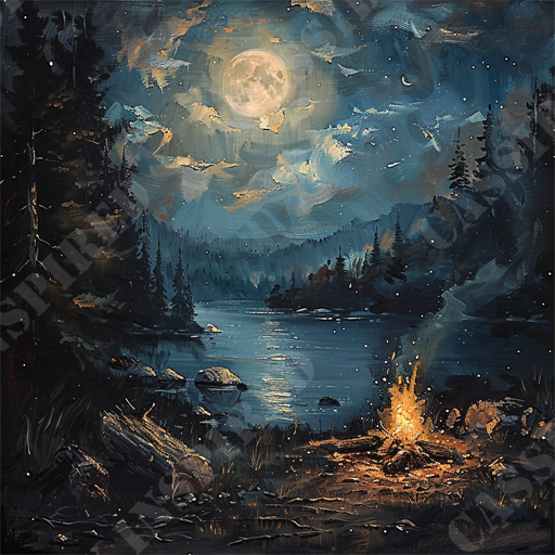 Moonlit Campfire - The image portrays a serene, night-time landscape painting of a campsite by a tranquil lake. In the foreground, there is a roaring campfire casting a warm glow on the surrounding area, creating a stark contrast against the cool, dark tones of the night. The background features a dense forest of towering pine trees under a sky illuminated by a full moon and scattered clouds. The moon's reflection shimmers on the calm surface of the lake, further enhancing the peaceful atmosphere. The overall composition balances elements of nature, such as trees, rocks, and water, with the cozy, inviting campsite, making it an ideal depiction for themes of nature, camping, and tranquility.

Key Phrases: night-time landscape painting, campsite by a tranquil lake, roaring campfire, dense forest, towering pine trees, full moon, moon reflection on lake, serene nature scene, night sky with clouds, peaceful atmosphere, nature and camping.