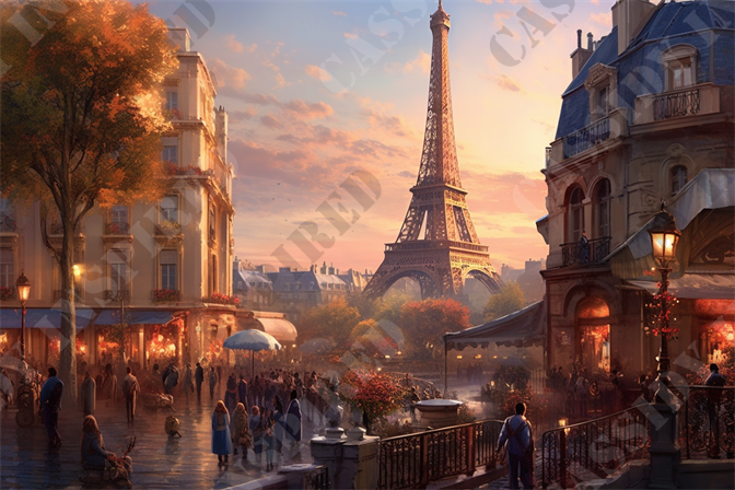 Morning By the Eiffel - This enchanting image captures a bustling street scene in Paris during what appears to be a warm, golden sunset. The Eiffel Tower, standing majestic in the background, elegantly anchors the composition, symbolizing Paris's enduring charm. The foreground features the lively ambiance of a Parisian street lined with classic Haussmann-style buildings adorned with balconies flourishing with flowers. The warmly lit street is bustling with people, suggesting a vibrant atmosphere that is quintessentially Parisian.

Pedestrians of various ages stroll along the promenade, some casting long shadows that add depth to the scene. The street is also home to quaint street lamps and vibrant shop fronts, glowing invitingly, adding a sense of warmth and welcome. A painter captures the scene from the street corner, adding an artistic touch to the image, while cafe patrons nearby enjoy the picturesque setting. The overall hue of the image, a mix of soft oranges, pinks, and blues in the sky, contrasting with rich earth tones on the ground, creates a dreamy, almost magical quality.

This image perfectly exemplifies keywords such as Paris, Eiffel Tower, sunset, Parisian street, bustling crowd, romantic atmosphere, Haussmann architecture, street lamps, outdoor cafes, and artistic vibe, capturing the essence of a vibrant evening in one of the world’s most beloved cities. It's an ideal portrayal of the romance, architecture, and lively street scenes that typify Paris, making it a sought-after destination for travelers and dreamers alike.