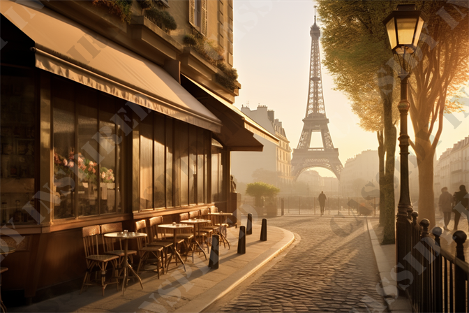 Morning Cafe in Paris - This captivating image features a serene morning scene in Paris, showcasing a quaint street leading towards the iconic Eiffel Tower, bathed in the golden hues of sunrise. On the left, there’s a charming Parisian café with its terrace set up with wicker chairs and round tables, inviting passersby to pause for a coffee. The café's large windows reflect the warm morning light and display flowers, enhancing the cozy ambiance. The Eiffel Tower, standing majestic in the misty background, serves as a stunning focal point, symbolizing the romantic allure of Paris. 

The cobbled street gently curves towards the tower, lined with lush green trees and vintage Parisian street lamps that add a historical touch to the modern cityscape. Silhouettes of early risers can be seen in the distance, enjoying this peaceful moment in one of the world's most vibrant cities. The scene is enveloped in a soft mist, suggesting the early hour and quietness of the morning. This image perfectly captures the essence of Parisian life, blending architecture, nature, and urban elegance.

Keywords for SEO might include: Paris, Eiffel Tower, Parisian café, sunrise in Paris, romantic cityscape, cobbled streets, Paris architecture, morning light, street lamps, vibrant city life, tranquil morning, urban elegance, Paris lifestyle, iconic landmarks, travel photography, city exploration, French culture.