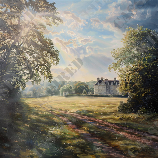 Morning Countryside Manor - The image depicts a magnificent countryside scene illuminated by the warm glow of a morning sunrise. Sun rays pierce through the foliage of a stately tree on the left side of the picture, casting soft light and intricate shadows across a vast, grassy meadow. A serene dirt path winds through the lush green field, leading the eye toward a charming, secluded mansion nestled at the edge of the clearing. The sky above is a blend of light and fluffy clouds, with beams of sunlight breaking through, creating a tranquil and picturesque ambiance. Keywords: countryside, sunrise, sun rays, tree, foliage, grassy meadow, dirt path, secluded mansion, morning light, picturesque sky, serene, landscape painting.