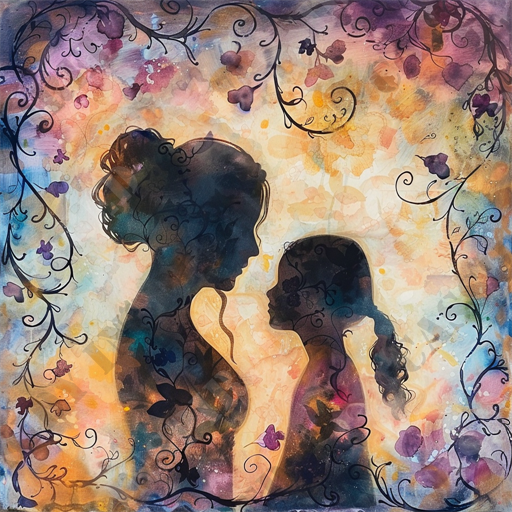 Mother-Daughter Bond - This artistic image features the silhouette of a mother and child facing each other, set against a vibrant watercolor background. The background is filled with warm hues of pink, purple, and yellow, creating a dreamy and emotional atmosphere. Elegant black floral and vine patterns frame the silhouettes, adding an element of nature and whimsy. The mother and child share an intimate, peaceful moment, their profiles gently touching. This artwork captures themes of family, love, and connection in a visually striking manner. The use of silhouettes and warm colors emphasizes the emotional bond between the figures, making it a heartfelt piece suitable for home decor or greeting cards. Keywords: mother and child, silhouette, watercolor background, floral patterns, family love, emotional bond, warm hues, intimate moment, artistic image, home decor.