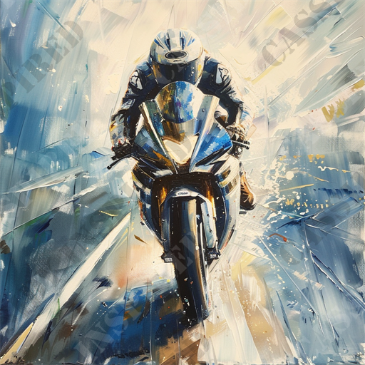 Motorcycle Rider - The image depicts a dynamic motorcycle racing scene, captured in an abstract art style. A motorcyclist in full gear is seen riding a sport bike at high speed, with vibrant strokes of blue, white, and yellow suggesting motion and energy. The rider's posture and the motorcycle's sleek design emphasize speed and adrenaline. The painting's abstract elements, with sharp lines and splashes of color, enhance the sense of velocity and excitement. Keywords: motorcycle, racing, sport bike, high speed, motorcyclist, abstract art, vibrant colors, dynamic, motion, adrenaline, sleek design, energy, blue, white, yellow, painting.