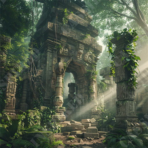 Mystery in the Jungle - This striking image depicts an ancient stone archway nestled deep within a lush, misty jungle, amplifying a sense of mystery and exploration. The archway is heavily adorned with intricate carvings and statues, typical of traditional temple architecture, possibly reminiscent of Southeast Asian cultures. Vines and moss drape softly over the stone surfaces, suggesting that this structure has been claimed by the natural world over centuries. Sunlight beams down through the dense foliage, casting dynamic patterns of light and shadow across the scene, highlighting the detailed craftsmanship of the stonework.

The composition of the image evokes a serene yet enigmatic mood, ideal for exploration, history, adventure, and nature themes. The presence of crumbling stones and scattered debris around the base of the arch emphasizes the age and historical significance of the site. This scene could be well-suited for discussions or portrayals of archaeological sites, jungle expeditions, ancient civilizations, or natural reclaimation of man-made structures.

Keywords aimed for SEO inclusion might include: ancient archway, jungle temple, mysterious ruins, Southeast Asian architecture, temple carvings, lush jungle, sun rays, adventure tourism, historical exploration, nature's reclaimation, stone statues, archaeological site, dense foliage, and intricate stonework. This array of keywords encompasses the visual elements and atmospheric qualities presented in the image, connecting viewers to a broader narrative about culture, history, and nature.