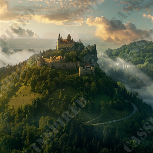 Mystic Castle Sunrise - This captivating image presents a breathtaking aerial view of a majestic medieval castle perched atop a rugged cliff, surrounded by a lush forest. The castle, with its distinctive red roofs and imposing stone walls, stands out against the verdant landscape. As morning light breaks, it casts a soft glow, illuminating the castle and the encompassing forest, accentuating the serene and tranquil ambiance.

Mist mystically envelopes the lower regions of the forest, adding a layer of mystery and enchantment to the scene. The strategic location of the castle, overlooking the dense woods and distant hills, suggests it might have served as a formidable fortress in its prime. A winding road snakes its way up the hill, suggesting accessibility despite the seemingly remote location.

This image is perfect for those interested in historical architecture, picturesque landscapes, and the timeless allure of medieval castles. Keywords relevant to this image include medieval castle, aerial view, lush forest, morning light, red roofs, stone walls, misty landscape, historical architecture, and tranquil ambiance. Such keywords help in enhancing the visibility of this image on search engines for users exploring nature, history, or travel photography.