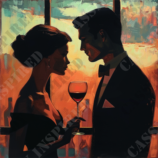 New Chapter - The image portrays a romantic, intimate moment between a well-dressed couple gazing into each other's eyes. The man, clad in a black tuxedo with a bow tie, and the woman, in an elegant black dress with her hair stylishly updo, stand silhouetted against a warm, colorful background. She holds a glass of red wine, adding to the sophistication of the scene. Soft, ambient light illuminates their profiles, creating a dramatic effect. The background features a window with abstract, impressionistic strokes of orange, yellow, and blue, suggesting an evening or sunset setting. Keywords: romantic couple, tuxedo, elegant dress, red wine, intimate moment, silhouette, warm background, evening setting, ambient light, stylish updo.