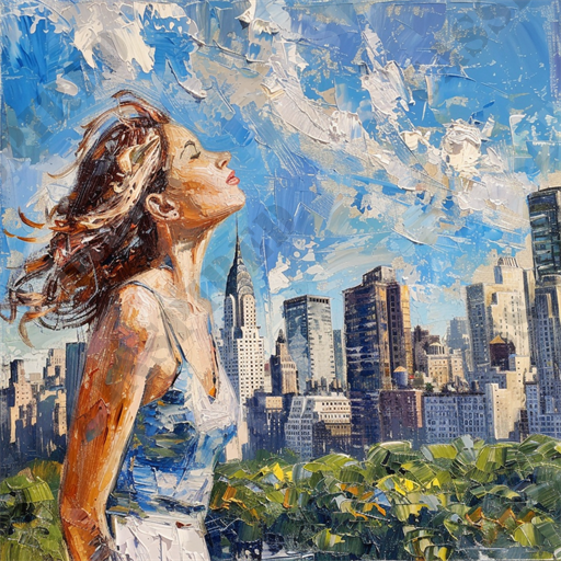 New York Inspired - This vibrant oil painting captures a young woman standing in the foreground with a panoramic view of a bustling city skyline rising behind her. The composition is electrified by broad, expressive brush strokes that imbue the scene with dynamic energy. As she tilts her head back, her eyes closed, the woman appears to be deeply inhaling or savoring a moment of serene pleasure, possibly relishing the crisp urban air or the warmth of the sun.

The cityscape includes several iconic high-rise buildings, indicating a metropolitan setting possibly reminiscent of a city like New York. The juxtaposition of natural elements—such as a lush canopy of green trees forefronting the city architecture—adds depth and contrast to the scene. The skies above are painted with an exuberant blue, scattered with white, fluffy clouds, enhancing the feeling of an expansive atmosphere.

Key details such as her flowing brunette hair, lightly kissed by sunlight, and her simple white dress contribute to the feeling of freedom and ease. The use of bright colors and the palpable texture created by the impasto technique suggest a lively, optimistic view of urban life.

Salient keywords for SEO could include: oil painting, cityscape, woman, vibrant colors, expressive brush strokes, urban skyline, New York, greenery, blue sky, texture, impasto, sunlight, freedom, metropolitan, high-rise buildings, serene, and dynamic energy. This piece appeals to those drawn to urban themes and modern, emotive art styles.