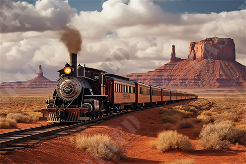 Old West Train in Monument Valley - The image captures a classical steam locomotive moving dynamically across a desert landscape in what appears to be the southwestern United States. The train, characterized by its vintage design, features a prominent black and red engine with a shiny, oversized headlight and billowing smoke. The railroad tracks meticulously carve a path through the sandy, shrubby terrain, underlining the expansive, clear blue sky dotted with few clouds.

In the distance, monumental red rock formations soar majestically against the skyline, their distinct shapes reminiscent of the iconic buttes seen in Monument Valley. These formations give the scene an undeniable grandeur, echoing tales of the old West and pioneering adventures. The soft, warm lighting enhances the earthy reds and oranges of the rocks, creating a stark contrast with the steel and iron of the locomotive.

This picturesque scene is framed in such a way to emphasize the juxtaposition of industrial progress represented by the train and the timeless, rugged natural beauty of the desert landscape. Keywords that describe this image effectively would include: steam locomotive, desert landscape, red rock formations, Monument Valley, vintage train, railroad, southwestern United States, adventure, travel, and scenic beauty.