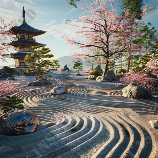 Om - This serene image captures the essence of a traditional Japanese garden, richly evoking calmness and natural beauty. At the heart of the scene stands an elegant, multi-tiered wooden pagoda surrounded by lush pink cherry blossoms in full bloom. These iconic Sakura trees are a symbol of spring and transient beauty, adding a delicate softness to the composition.

The garden itself is meticulously maintained, featuring a Zen rock garden with carefully raked sand creating intricate, sweeping patterns that emphasize mindfulness and tranquility. Several large stones and smaller pebbles are strategically placed throughout the sand, enhancing the aesthetic harmony and balance of the scene. 

The background offers a hint of rugged mountains, suggesting the garden's placement in a scenic location that enhances its peaceful isolation. Gentle sunlight bathes the scene, casting soft shadows and highlighting the textures of the wood, stone, and cherry petals.

This visually striking setting is not only a feast for the eyes but also a haven for meditation and reflection. Keywords such as "Japanese garden," "Zen rock garden," "cherry blossoms," "tranquility," "pagoda," "scenic beauty," "nature," "mindfulness," "spring season," and "wooden architecture" capture the essence and allure of this tranquil landscape.