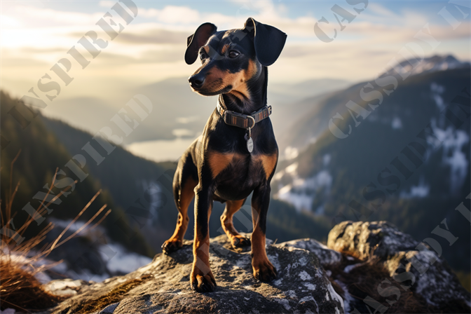 On the Lookout - The image depicts a black and tan Dachshund dog posed majestically on a rocky mountain summit. The dog gazes forward, poised with an air of determination, against a breathtaking backdrop of a sun-kissed mountainous landscape. The scenic view includes snow-capped peaks, a valley with a serene river visible in the distance, and lush, evergreen forests that cascade down the slopes. The early morning light bathes the scene in a golden hue, adding a magical quality to the photograph. This image captures the essence of adventure and the beauty of nature, making it a splendid representation of pet-friendly outdoor excursions.

Key details that enhance the appeal of this image include the dog’s sleek coat, the sturdy collar equipped with a tag, and its attentive expression. The contrasting textures of the rough, moss-covered rocks against the dog’s smooth fur and the soft, blurry background emphasize the subject. This photograph is not only visually stunning but also encapsulates themes of exploration, companionship, and the great outdoors.

Keywords that are appropriate for this image for SEO purposes might include: mountain view, Dachshund, adventure dog, nature, wildlife photography, hiking with pets, outdoor excursion, scenic landscape, sunrise, wilderness, pet adventure, tranquil nature, mountain photography, dog lovers, pet-friendly travel, exploration, majestic scenery, golden hour. Incorporating these terms can help improve the visibility and searchability of content related to similar themes.