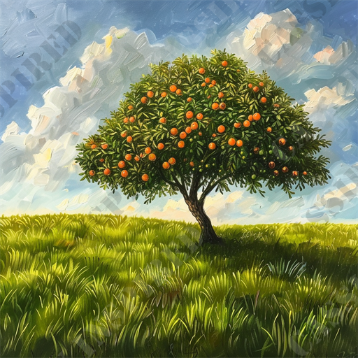 Orange Tree Oasis - The image portrays a solitary orange tree laden with ripe, vibrant oranges standing in the middle of a lush green field. The sky above is partly cloudy with striking blue hues, creating a serene and picturesque landscape. The detailed texture of the grass and the meticulous rendering of the tree's leaves and oranges highlight the richness of the natural scene. This image captures the essence of a peaceful countryside, evoking a sense of tranquility and abundance. Salient keywords related to this image include orange tree, ripe oranges, green field, cloudy sky, blue sky, countryside landscape, serene nature, picturesque scene, lush grass, tranquil scenery, and natural beauty.