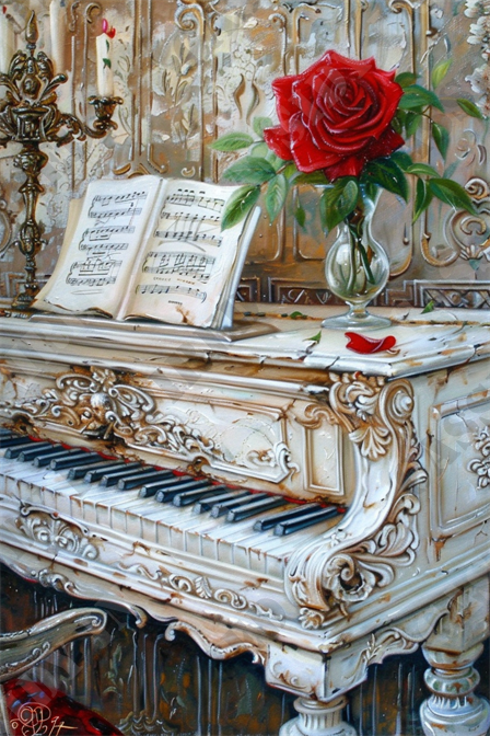 Ornate Vintage Piano - The image features an exquisitely detailed, ornate vintage piano with intricate carvings. On the piano lies an open sheet of music, adding a classic touch to the scene. A single red rose in a clear glass vase is placed on the piano, its vibrant color providing a striking contrast to the white piano. A lit candle in an antique candle holder and a single rose petal add to the romantic and artistic ambiance. The background showcases a textured, decorative wall, enhancing the vintage and elegant essence of the image.

Keywords: vintage piano, ornate, carvings, sheet music, red rose, glass vase, lit candle, candle holder, romantic ambiance, textured wall, artistic, classic, elegant scene, antique decor, decorative background.