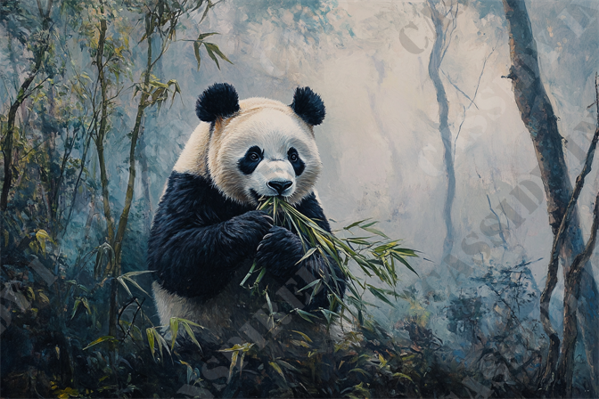 Panda in Misty Forest - The image portrays a majestic giant panda leisurely munching on a cluster of green bamboo leaves within a serene, misty bamboo forest. The panda's distinctive black-and-white fur stands out vividly against the backdrop of towering bamboo stalks and lush foliage. The atmospheric mist adds a dreamlike quality to the scene, enhancing the sense of tranquility and natural beauty. This picturesque representation captures the essence of wildlife and nature conservation, highlighting the significance of preserving habitats for endangered species like the giant panda. Keywords associated with this image include giant panda, bamboo forest, wildlife, nature, conservation, misty landscape, endangered species, tranquility, natural beauty, and serene habitat.