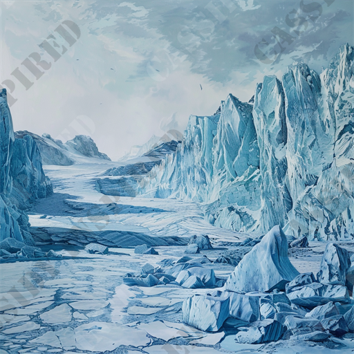 Panoramic Frozen Glacier - The image captures a stunning arctic landscape dominated by towering ice cliffs and a vast expanse of frozen terrain. Majestic glaciers frame the scene, with deep crevasses and jagged edges highlighted by a soft, diffused light. The foreground features broken ice floes scattered across a partially frozen water body, reflecting the icy blue hue of the surroundings. In the backdrop, expansive snow-covered mountains stretch towards the horizon under a cloudy sky, adding depth to the frigid vista. This captivating depiction of a polar region emphasizes the sheer scale and beauty of frozen wilderness, highlighting keywords such as "arctic landscape," "glaciers," "ice cliffs," "frozen terrain," "crevasses," "ice floes," "snow-covered mountains," "polar region," and "frozen wilderness."