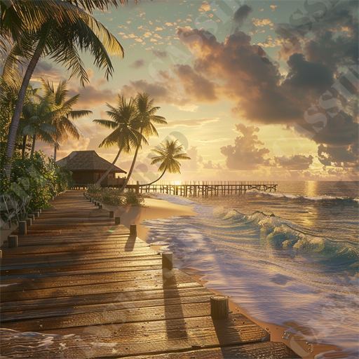 Paradise Away - This picturesque scene captures a serene beachfront at sunset, ideal for relaxing and enjoying nature. The image features a long wooden boardwalk lined with lush palm trees, leading to a charming thatched-roof hut by the sea. The golden sunlight bathes the scene, highlighting the textured wood of the boardwalk and the gentle ripples of the crystal-clear ocean waves. The sky is adorned with a mesmerizing blend of clouds, reflecting warm hues of orange and yellow from the setting sun, creating a tranquil atmosphere. This idyllic location appears perfect for a sunset stroll, embodying the essence of a tropical paradise.

Key SEO keywords for this image description might include: beachfront, sunset, serene, wooden boardwalk, palm trees, thatched-roof hut, golden sunlight, tropical paradise, ocean waves, tranquil atmosphere, picturesque scene, nature, relaxing, beach, sunlight, dusk, coastal, travel destination, exotic, and escape.