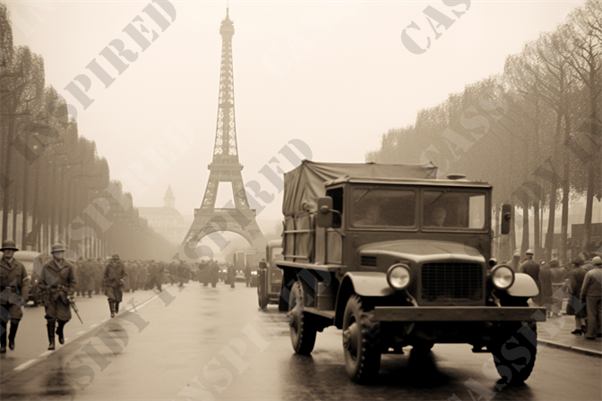 Paris Feeling the War - This evocative image captures Paris during World War II, with the iconic Eiffel Tower looming in the background. The scene is dominated by a vintage military truck driving towards the viewer, situated on a wide, tree-lined avenue that adds depth to the composition. Uniformed soldiers, visible both walking beside the truck and in the distant crowd, invoke a sense of historical significance, as this image depicts a time of war during World War II.

The sepia tone of the photograph enhances its nostalgic and timeless quality, evoking the early to mid-20th century. This historical context is underlined by the simple yet robust design of the military vehicle and the classic military attire of the soldiers. The mist softens and blurs the details of the Eiffel Tower, creating a ghostly effect that contrasts sharply with the more sharply focused foreground.

This compelling photograph would appeal to those interested in history, military history, vintage vehicles, and Parisian landmarks. It could also attract viewers studying the effects of war on European cities or the role of military in public life. The image effectively uses elements such as "military truck," "Eiffel Tower," "Paris," "sepia tone," "historic," "soldiers," "military uniforms," "tree-lined avenue," "foggy atmosphere," and "vintage" to draw in a broad audience, making it ideal for search engine optimization in realms related to historical photography, military history, and Parisian culture.