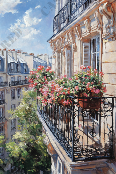 Parisian Balcony - This vibrant painting captures a charming Parisian balcony adorned with lush, blooming flowers. The wrought-iron railing of the balcony stands out against the beige stone building, which overlooks the picturesque rooftops of Paris. The sky is bright blue with scattered white clouds, enhancing the sunny ambiance of the scene. Below, a leafy green tree adds a touch of nature amidst the urban setting. This Paris balcony painting evokes a sense of serenity and romance, making it an ideal depiction of classic French architecture and city life. Keywords: Paris, balcony, flowers, painting, wrought-iron railing, stone building, rooftops, sky, clouds, tree, nature, urban, serene, romantic, French architecture, cityscape, artwork.