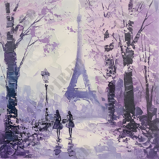 Parisian Lavender - The image is a vivid oil painting depicting a serene Parisian scene dominated by the Eiffel Tower. The artwork features a soft lavender and purple color palette, with two figures walking hand in hand along a rain-slicked path lined by tall trees adorned with blooming leaves. Cherry blossoms fall gently, adding to the enchanting atmosphere. An antique street lamp stands between the figures and the Eiffel Tower, casting a warm glow. Highlights and shadows are expertly rendered to give the painting a dreamlike quality. This picturesque scene beautifully captures the essence of romance and the iconic charm of Paris. Keywords: oil painting, Paris, Eiffel Tower, lavender, purple, cherry blossoms, romantic, street lamp, serene, blooming trees, rain-slicked path, dreamlike quality.