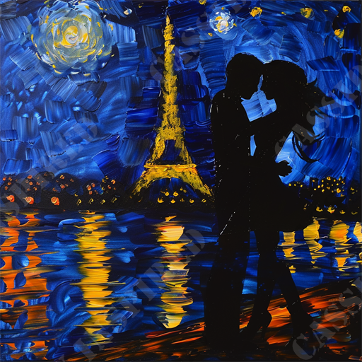 Parisian Romance - The image depicts an abstract painting of a romantic scene set in Paris at night. The Eiffel Tower, illuminated in gold, stands prominently against a deep blue sky filled with swirling stars reminiscent of Van Gogh's "Starry Night". In the foreground, the silhouettes of a couple share an intimate kiss, adding a sense of romance and connection. Reflections of vibrant yellow and orange lights dance on the water's surface below, enhancing the dreamy atmosphere. The keywords, such as abstract painting, romantic scene, Paris, night, Eiffel Tower, illuminated, gold, blue sky, swirling stars, Van Gogh, Starry Night, silhouettes, couple, kiss, reflections, vibrant lights, water surface, and dreamy atmosphere, capture the essence and key elements of this artistic depiction.

Keywords: abstract painting, romantic scene, Paris, night, Eiffel Tower, illuminated, gold, blue sky, swirling stars, Van Gogh, Starry Night, silhouettes, couple, kiss, reflections, vibrant lights, water surface, dreamy atmosphere.