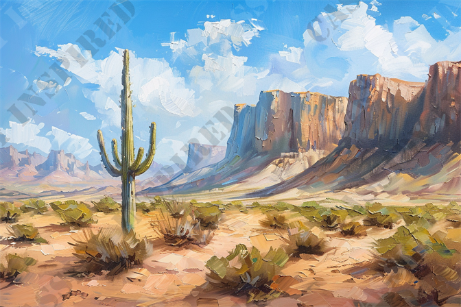 Peaceful Desert Vista - The image portrays a vibrant desert landscape featuring a prominent saguaro cactus in the foreground. Surrounding the cactus, arid terrain is dotted with sparse desert vegetation under a clear blue sky with scattered clouds. In the background, majestic mesas and plateaus, with their rugged rock formations, stretch across the horizon, bathed in warm sunlight. The overall scene captures the essence of a southwestern desert, emphasizing its vast, open space and natural beauty. Keywords: desert landscape, saguaro cactus, arid terrain, desert vegetation, blue sky, mesas, plateaus, rock formations, southwestern desert, natural beauty.