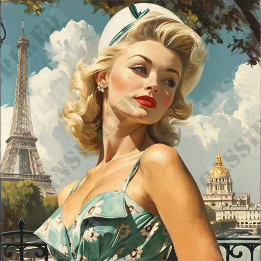 Pin-Up Girl in Paris - This captivating image showcases a glamorous, vintage-style portrait of a woman set against the iconic backdrop of Paris, featuring the Eiffel Tower and Les Invalides. The woman depicted is a striking blonde, styled in a classic 1950s fashion, complete with a stylish white sailor hat adorned with a green ribbon that matches her elegant floral dress. Her look is further accentuated by a pair of subtle pearl earrings and bold red lipstick, highlighting a thoughtful, slightly dreamy expression.

Positioned in the foreground, the portrait of this blonde, beautiful woman is rendered in fine detail, showing soft, wavy hair and refined makeup that epitomizes the classic beauty standards of women of the mid-twentieth century. The Eiffel Tower looms in the background, its lattice structure iconic and immediately recognizable, symbolizing the artistic and cultural essence of Paris. To the right of this beautiful blonde woman, the golden dome of Les Invalides adds a touch of grandeur, standing out against the bright blue sky dotted with fluffy clouds.

This image of a beautiful blonde woman of the 1950s excellently merges the allure of vintage fashion with Parisian landmarks, making it an ideal representation for themes related to travel, history, fashion, and art. It would resonate well with audiences interested in nostalgia, European cities, iconic architecture, and the timeless beauty of classic fashion aesthetics. The keywords likely to enhance SEO for this image include: woman, sexy woman, beautiful girl, blonde woman, vintage fashion, Paris landmarks, Eiffel Tower, 1950s style, classic beauty, travel photography, glamour, Les Invalides, historic Paris, and fashion photography.