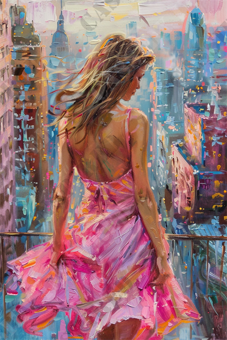 Pink Contemplation - The painting depicts a woman in a vibrant pink dress standing on a balcony overlooking a bustling cityscape. Her flowing hair and dress are captured with dynamic brushstrokes, blending seamlessly with the abstract representation of skyscrapers and urban lights. The city is bathed in warm hues of pink, blue, and orange, giving the scene a lively and dreamlike quality. The woman's pose suggests a moment of quiet contemplation amidst the energetic backdrop. This artwork is rich in texture and color, making it a captivating visual piece. Keywords: painting, woman in pink dress, balcony, cityscape, skyscrapers, urban lights, abstract art, dynamic brushstrokes, vibrant colors, dreamlike.