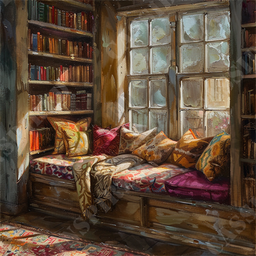 Plush Reading Nook - The image captures a cozy reading nook bathed in warm, natural light streaming through a large window with multiple panes. A cushioned window seat adorned with an array of colorful, patterned pillows and a decorative throw blanket invites relaxation and comfort. Surrounding the window seat are built-in wooden bookshelves filled with an eclectic collection of books, providing both aesthetic appeal and easy access to literary treasures. The scene is complemented by a richly patterned area rug, contributing to the overall warmth and inviting atmosphere of the space. The combination of natural light, vibrant textiles, and well-organized bookshelves creates an idyllic setting for reading and unwinding.

Keywords: cozy reading nook, natural light, large window, window seat, colorful pillows, decorative throw blanket, wooden bookshelves, eclectic book collection, patterned rug, inviting atmosphere, relaxation, comfort, warm textiles, idyllic setting, literary treasures, unwinding, interior design, home decor, built-in bookshelves, vibrant textiles.