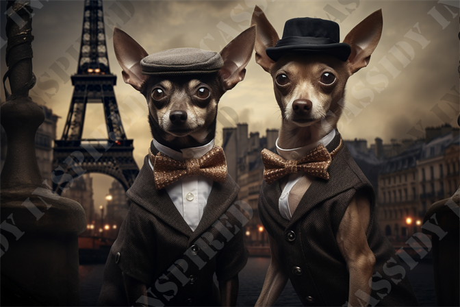 Precious Pooches in Paris - In this visually stunning image, two elegantly dressed Chihuahuas stand confidently in front of Paris's iconic Eiffel Tower. The scene is set under a moody, twilight sky that adds a dramatic undertone to the picturesque cityscape. Each dog is outfitted in vintage-style clothing; one sports a classic tweed suit complete with a vest, white shirt, and a golden bow tie, paired with an artistically styled flat cap. The other mirrors this sophisticated attire with a similarly styled three-piece suit, a white collar shirt, golden bow tie, and a formal black top hat.

The background features a slightly out-of-focus view of the Eiffel Tower, illuminated subtly, which enhances the romantic and timeless feel of Paris. The cobblestone bridge upon which the dogs stand, along with the ornate street lamp to the left, further anchors the image in a European aesthetic. The expressions on the dogs are both serious and endearing, emphasizing their anthropomorphic portrayal.

This image is perfected for SEO with keywords such as: Paris, Eiffel Tower, Chihuahuas, sophisticated, vintage clothing, dramatic sky, cityscape, twilight, cobblestone, street lamp, anthropomorphic, elegant, top hat, flat cap, bow tie, and romantic. This description aligns well with those searching for creative, animal-themed photography with a Parisian backdrop or those interested in uniquely stylized pet portraits.