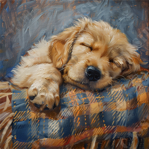 Puppy Snooze - The image features a close-up painting of a sleeping golden retriever puppy. The fluffy, light brown fur of the puppy is meticulously detailed, capturing its soft, endearing nature. The puppy is resting its head and front paw on a blue and orange plaid blanket, which adds a cozy, homely touch to the scene. The background of the image is an abstract blend of blue and gray strokes, providing a serene and calming atmosphere. This image evokes a sense of peace, warmth, and comfort, perfect for anyone who loves pets, especially dogs and puppies. Salient keywords include: sleeping puppy, golden retriever puppy, painting of dog, cozy blanket, fluffy fur, detailed artwork, homely scene, calming background, pet lover, and adorable puppy.