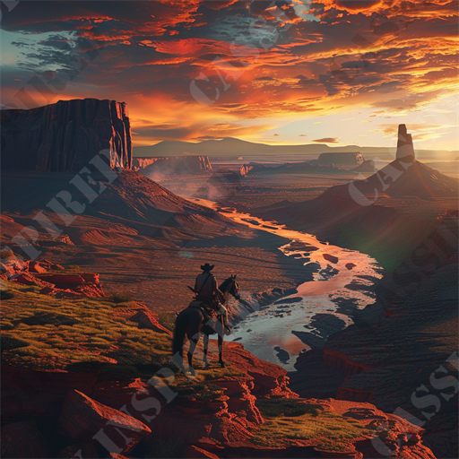 Red West Sunset - This breathtaking image captures a serene moment in a dramatic desert landscape, possibly inspired by the majestic formations of the American Southwest. The scene is bathed in the warm, golden hues of a setting sun which accents the rich reds and deep oranges of the terrain. Prominently featured is a lone cowboy on horseback, silhouetted against the vibrant sky filled with swirling clouds reflecting myriad shades of red and orange. 

The landscape is marked by towering rock formations, rugged cliffs, and a winding river that reflects the last light of day, leading the viewer’s eye through the composition. The vegetation is sparse yet noticeable, adding a touch of green to the predominantly red landscape, suggesting resilience in an arid environment. 

Key elements in this image include the cowboy figure, sunset, red rock formations, desert landscape, silhouette, river reflection, southwestern terrain, arid climate, and the vivid dramatic sky, all contributing to a scene that evokes a sense of solitude and the timeless beauty of nature. This image is ideal for those interested in themes of the wild west, natural landscapes, travel destinations, environmental beauty, and the peaceful solitude of remote places. It's perfectly suited for search topics related to nature photography, romanticized western visuals, landscape wallpapers, and travel tourism in deserts or natural parks.