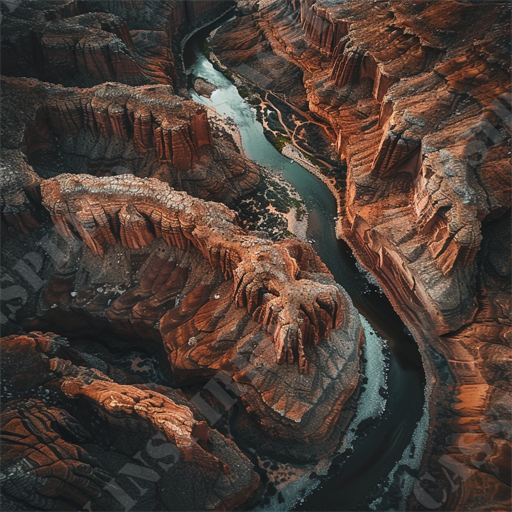 Rugged Canyon River - The image showcases a breathtaking aerial view of a winding river through a dramatic canyon landscape. The canyon walls are composed of reddish-brown rock formations, creating a striking contrast with the deep green and blue hues of the river below. Natural erosion has sculpted intricate patterns and textures, highlighting the rugged beauty of the terrain. This captivating scene is bathed in golden sunlight, enhancing the vivid colors and shadows of the canyon. Keywords relevant to this image include aerial view, canyon, river, rock formations, erosion, landscape, reddish-brown, contrast, patterns, textures, sunlight, natural beauty, rugged terrain, captivating scene, winding river, dramatic landscape, and golden light.