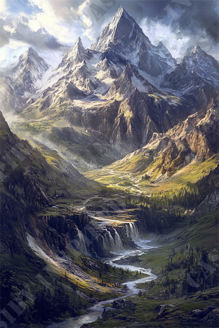 Rugged Mountain Adventure - The image features a breathtaking mountain landscape with towering, snow-capped peaks under a partly cloudy sky. A majestic valley below is adorned with a cascading waterfall feeding into a winding river that flows through lush green meadows and dense forests. The sunlight illuminates parts of the valley and mountain slopes, creating a dramatic contrast between light and shadow. The overall scene exudes serene grandeur and the untouched beauty of nature. Keywords: mountain landscape, snow-capped peaks, cascading waterfall, winding river, lush green meadows, dense forests, sunlight, dramatic contrast, serene grandeur, untouched nature.