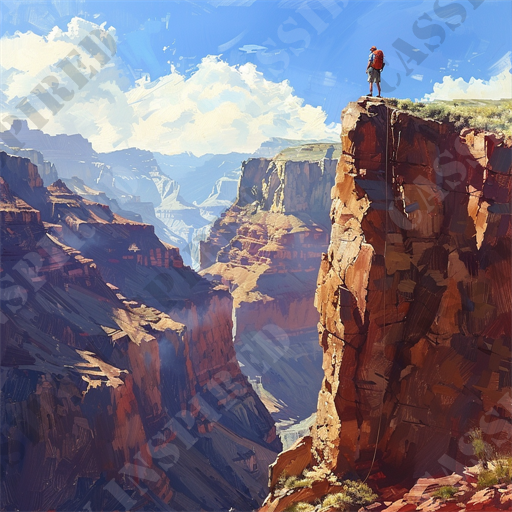 Rugged Mountain Climber - The image depicts a breathtaking view of the Grand Canyon, showcasing its immense and rugged landscape. A lone hiker stands prominently on the edge of a towering cliff, wearing a red backpack and observing the expansive, deep valleys below. The sun casts warm light on the reddish and brown rock formations, highlighting their textured surfaces and creating dramatic shadows. The sky is a vivid blue with scattered fluffy white clouds, adding contrast to the earthy tones of the canyon. This scene epitomizes adventure, travel, and the natural beauty of the American Southwest, while capturing the sense of scale and majesty of the Grand Canyon. Keywords: Grand Canyon, hiker, cliff, backpack, landscape, rugged, valleys, rock formations, sunlit, shadows, blue sky, white clouds, adventure, travel, natural beauty, American Southwest, majestic, scale, outdoor, exploration.