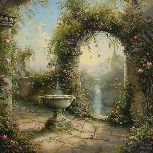 Secret Garden Archway - The image depicts a serene and picturesque garden scene, with an ancient stone archway covered in lush, blooming roses. The weathered stone pillars and walls are entwined with vibrant green ivy, enhancing the natural beauty of the setting. A classic water fountain adorned with vines sits in the foreground, its gentle trickle adding to the tranquil ambiance. Beyond the archway, a cascading waterfall flows into a calm river, with mist creating a dreamlike atmosphere. The sky is a soft gradient of blue to golden hues, indicating either dawn or dusk, adding a magical quality to the landscape. Keywords: serene garden, stone archway, blooming roses, ancient pillars, lush ivy, water fountain, tranquil ambiance, cascading waterfall, misty atmosphere, magical landscape.