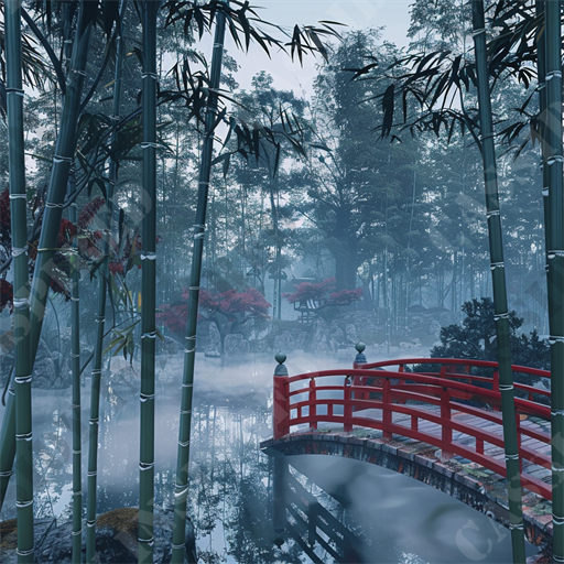 Serene Bamboo Forest - This serene image depicts a tranquil and misty Japanese garden, showcasing a vibrant red bridge arching gracefully over a reflective pond. Surrounded by lush bamboo stalks and scattered red Japanese maple trees, the setting exudes a sense of calm and beauty typical of traditional Asian landscapes. The dense fog envelops the garden, adding a mysterious atmosphere that enhances the ethereal quality of the woodland scene. Reflections in the calm water mirror the dense foliage and the striking color of the bridge, creating a visually captivating double image.

The composition is masterfully balanced, with the red of the bridge and the maples providing a vivid contrast against the grey mist and the green of the bamboo. Such elements make this image a perfect subject for keywords like Japanese garden, red bridge, bamboo, misty landscape, tranquil scene, reflective pond, Japanese maple, landscape photography, serene environment, and woodland mist. This image is ideal for those interested in garden design, cultural landscapes, nature photography, and peaceful settings, lending itself well to themes of meditation and contemplation.