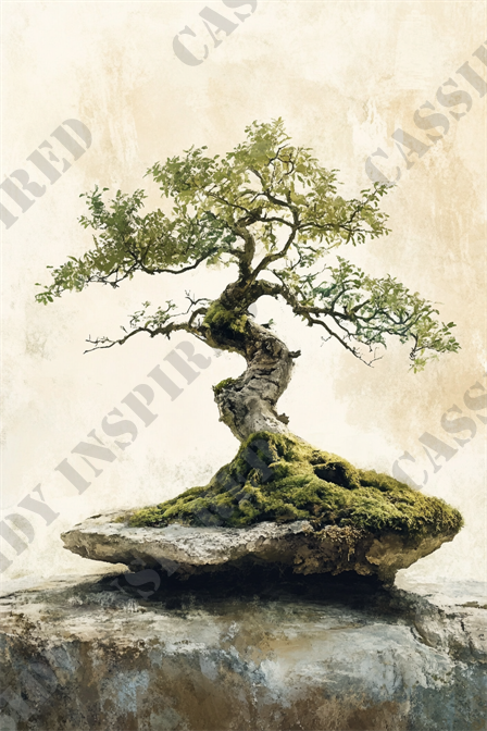 Serene Bonsai Art - This image features a stunning bonsai tree perched on a rocky outcrop, exuding a serene and artistic aura. The small tree is meticulously nurtured, showcasing lush green foliage and a gnarled, twisting trunk with moss growing at its base. The background consists of a subtle, muted gradient that enhances the tree's intricate details and natural beauty. The bonsai appears to be in perfect harmony with its environment, symbolizing balance and tranquility. Key elements in the image include bonsai tree, rocky outcrop, lush foliage, gnarled trunk, moss base, serene, artistic, natural beauty, balance, and tranquility.