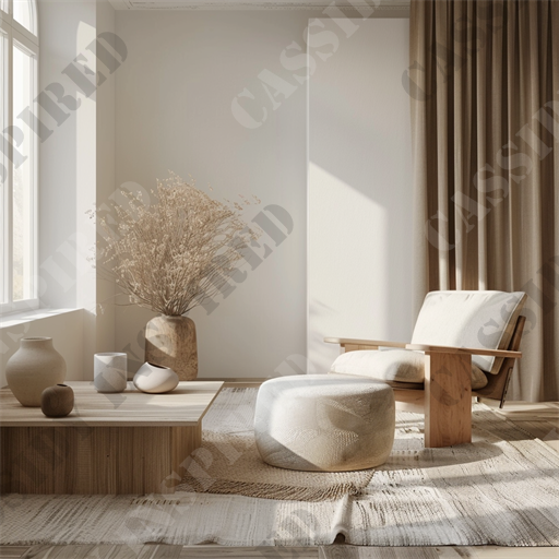 Serene Minimalist Interior - This image portrays a serene and elegantly designed modern interior space that emphasizes natural materials and minimalism. The room features a large window allowing soft natural light to highlight the simplicity and warmth of the decor. A wooden armchair with a white cushion and a matching footstool are positioned adjacent to the window, suggesting a perfect spot for relaxation or reading. The décor includes a wooden coffee table, adorned with a couple of vases and a cylindrical object that complement the chair’s organic aesthetic.

On the table, dried botanicals in a tall, rustic vase add an element of natural beauty and texture to the setting. The floor is covered by a textured woven rug that spans the majority of the room, enhancing the cozy and welcoming atmosphere. Neutral tones dominate the scene, from the beige curtains to the soft white walls and wooden elements, creating a cohesive and tranquil environment.

Key elements for SEO might include terms such as "modern interior design," "natural light,” "wooden furniture," "minimalist decor," "cozy living space," "textured woven rug," "neutral color palette," "dried botanicals," "serene room," and "home decor ideas." This description is crafted to provide a vivid picture for those who cannot see the image and to optimize visibility in search engines for anyone interested in interior design or home decoration.