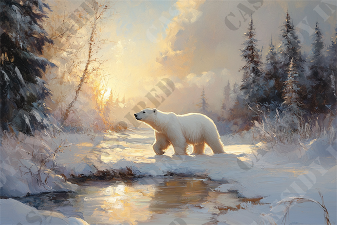 Serene Winter Polar Bear - The image depicts a serene winter landscape featuring a lone polar bear walking along a snow-covered path. The scene is illuminated by the warm glow of the setting sun, which casts a golden hue across the icy terrain and reflects off a partially frozen creek. Surrounding the polar bear are tall evergreen trees, dusted with snow, standing majestically against a softly glowing sky. Bare branches and patches of snow-laden ground add to the tranquil atmosphere of this natural, arctic environment. This captivating artwork highlights the beauty of polar regions with keywords such as polar bear, winter landscape, snow, sunset, arctic, wildlife, nature, evergreen trees, icy terrain, and serene atmosphere.